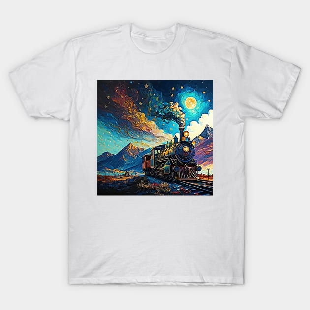 Steam train and mountains and stars oil paint style T-Shirt by colorbyte